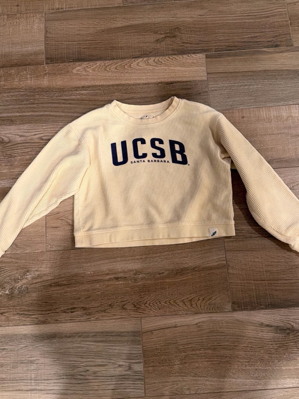 League UCSB Cropped Crewneck Sweater - Cream with Navy Lettering